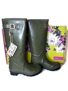 Joules Fieldwelly Green with Black Stripes Boots Size 5